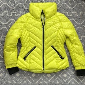 neon green, guess puffer jacket